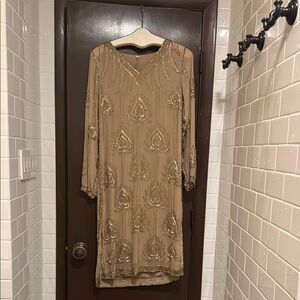 Elegant Beaded Gold Vintage Dress S